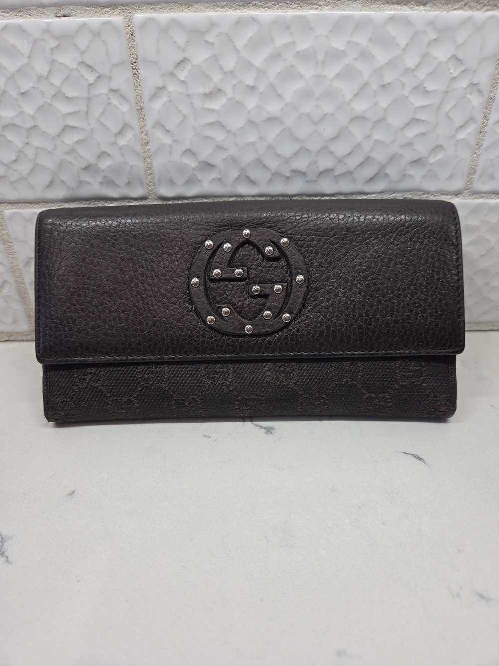 Gucci Brown GG Canvas Studded Soho Continental Flap Long Wallet Vintage